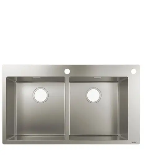 Doppelte Einbauspüle aus Edelstahl von Hansgrohe mit zwei getrennten Becken und runden Löchern für Wasserhähne oder Abfluss.
